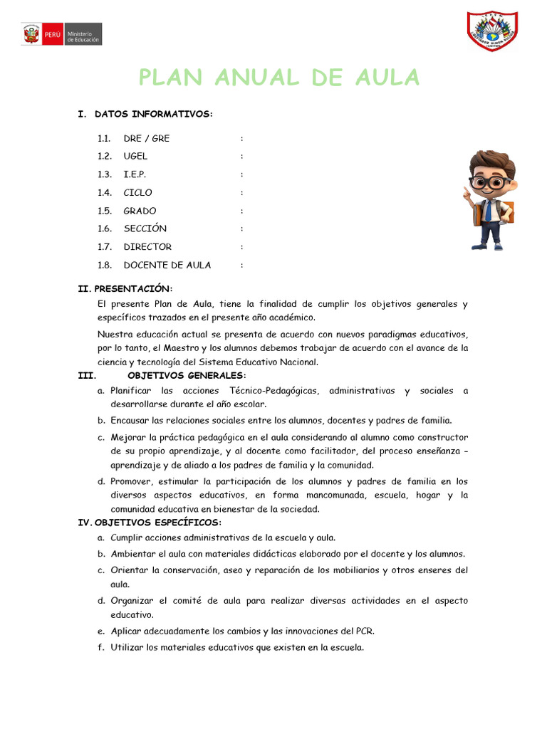 Plan Anual de Aula Escolar | PDF | Salón de clases | Maestros