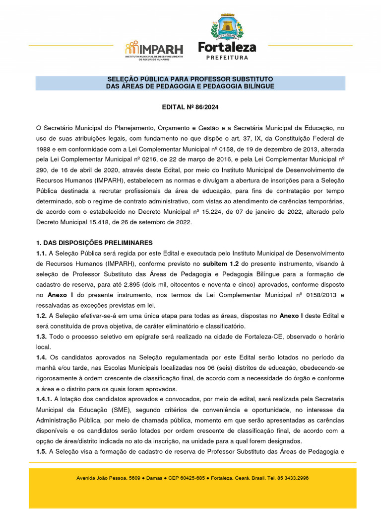 Seleção Professor Substituto 2024 Fortaleza | PDF