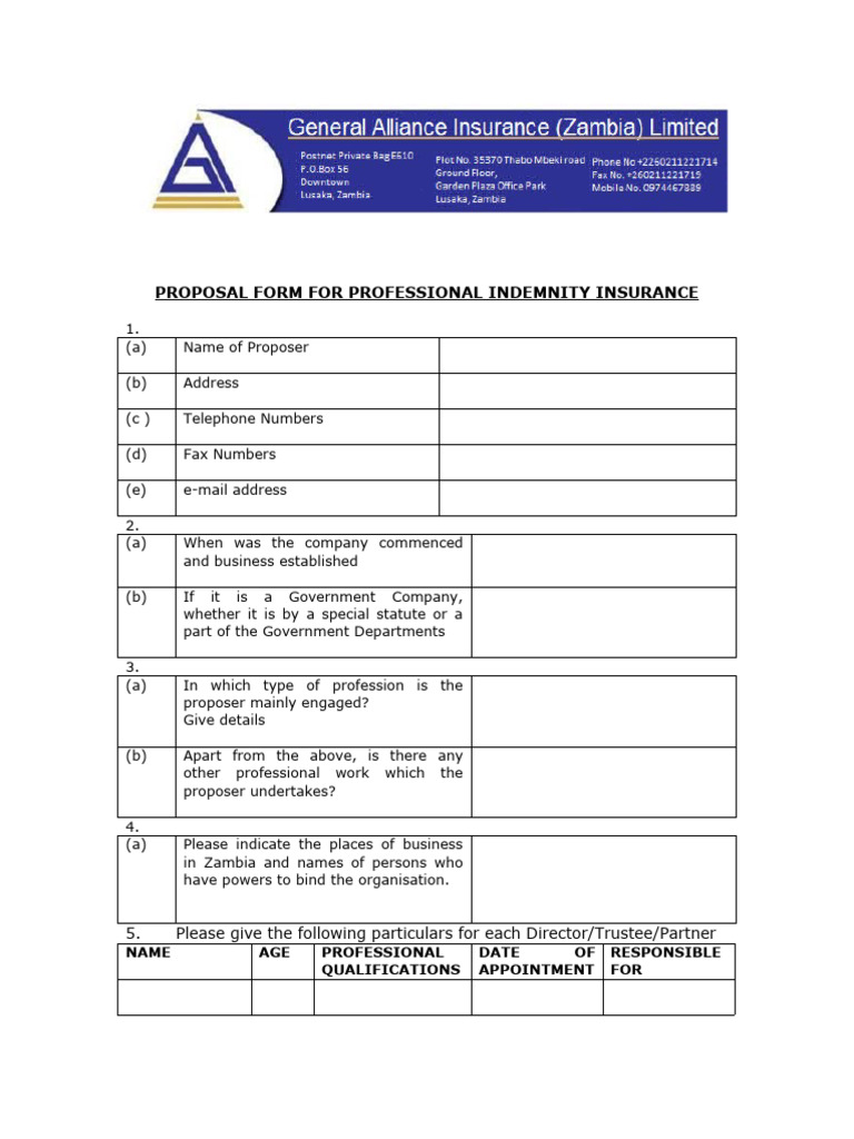 Professional Indemnity Insurance Proposal Form | PDF | Insurance ...