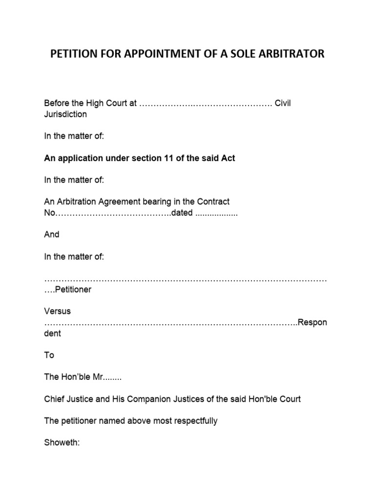 Sole Arbitrator Appointment Petition | PDF | Arbitration | Justice