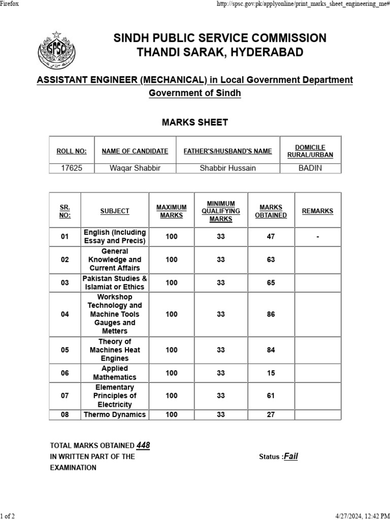 Sindh Assistant Engineer Exam Results | PDF | Engineering | Science