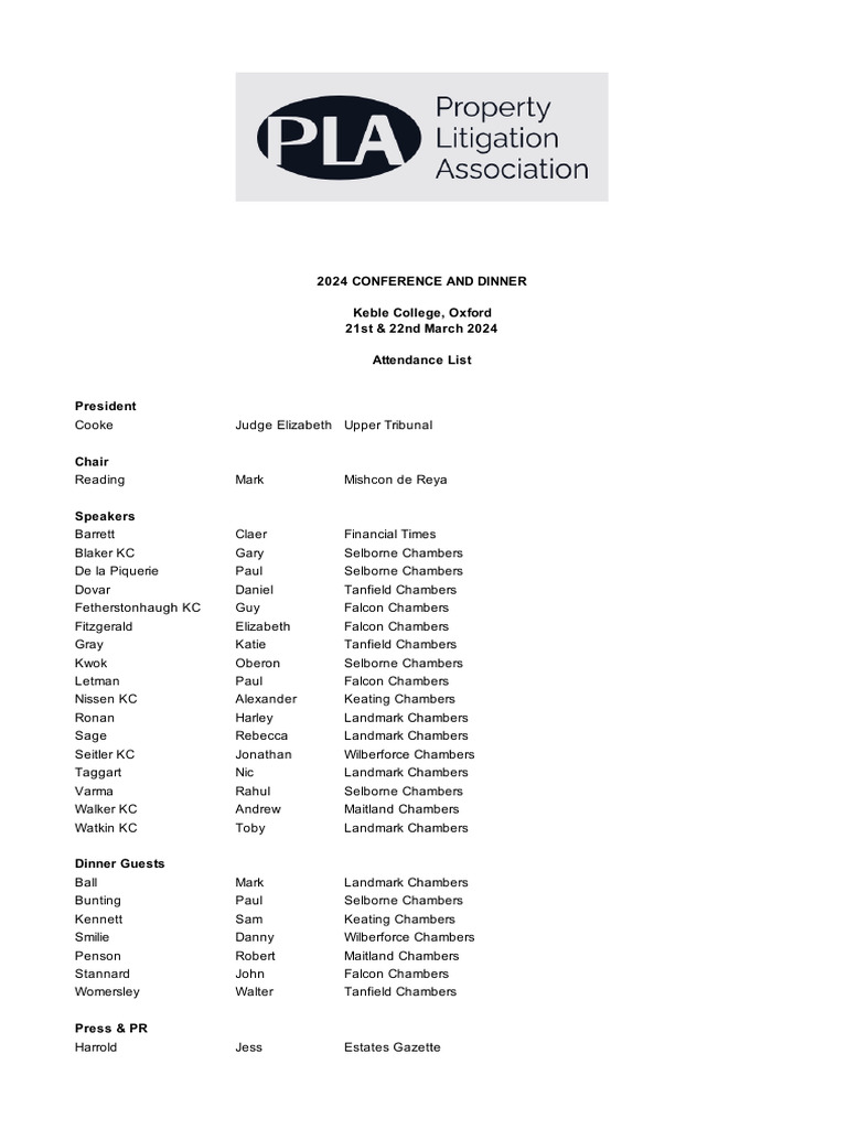 PLA Annual Conference and Dinner 2024 Attendee List PDF Practice