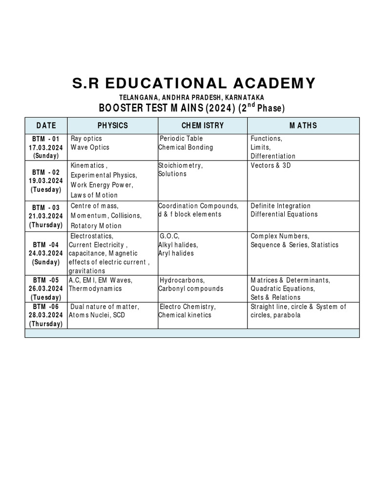 2024 Booster Test Schedule for Mains | PDF