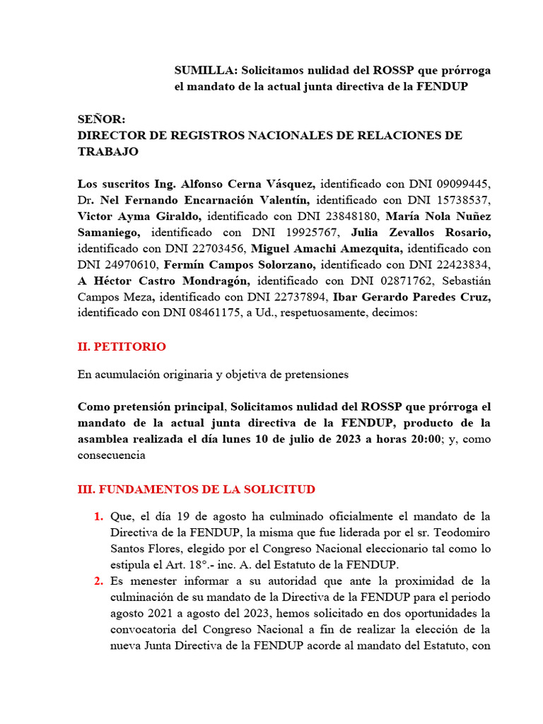 Escrito Nulidad Del Rossp de La Ampliación de Mandato de La Actual ...