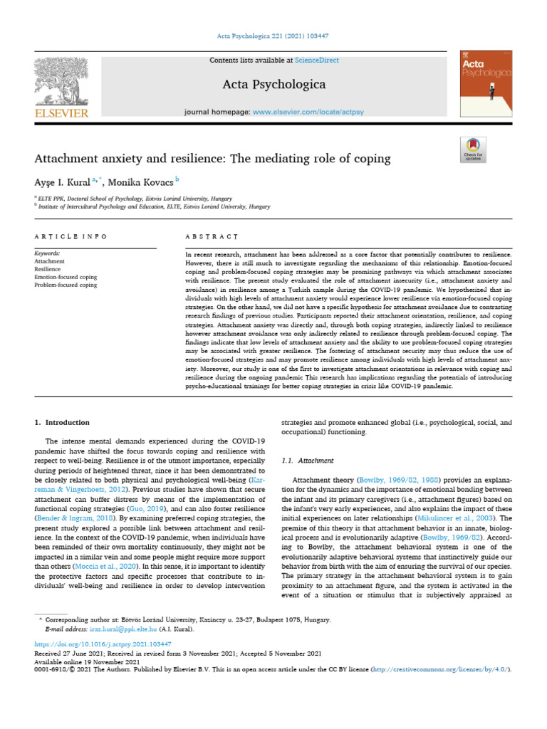 Attachment Anxiety and Resilience: The Mediating Role of Coping | PDF ...