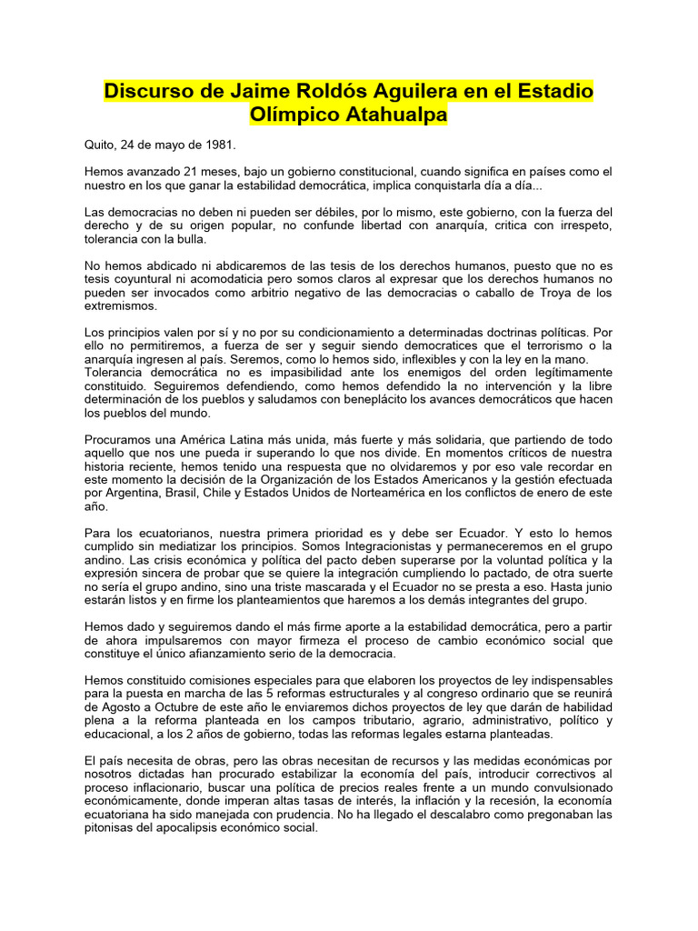 Último Discurso de Jaime Roldós | PDF | Democracia | Ideologías políticas