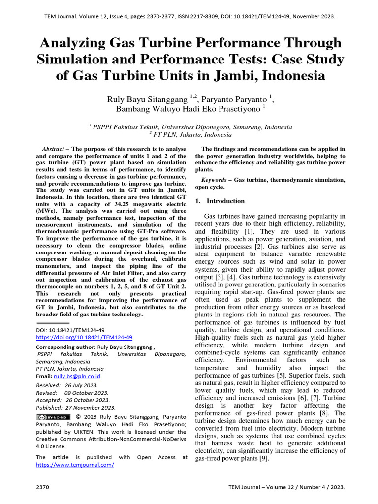 Gas Turbine Performance Analysis in Jambi | PDF | Gas Turbine | Power ...