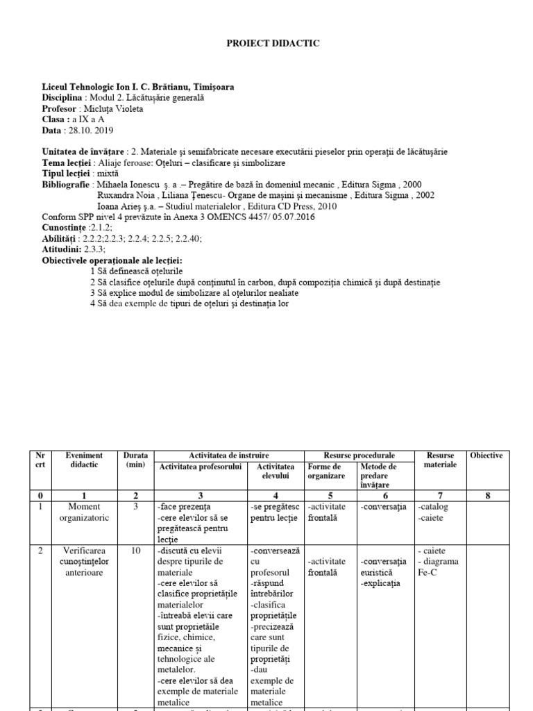 Proiect Lectie - Lacatuserie Generala - Oteluri | PDF