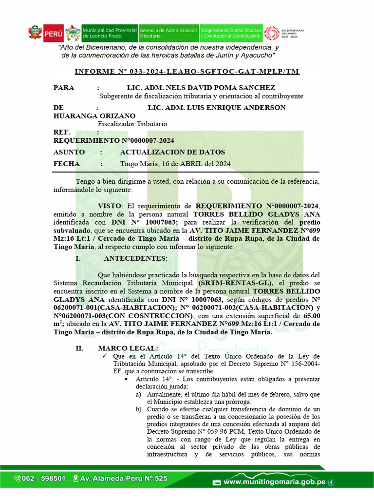Informe 033 - Torres Bellido Gladys Ana - Rv. Subvaluado | PDF ...