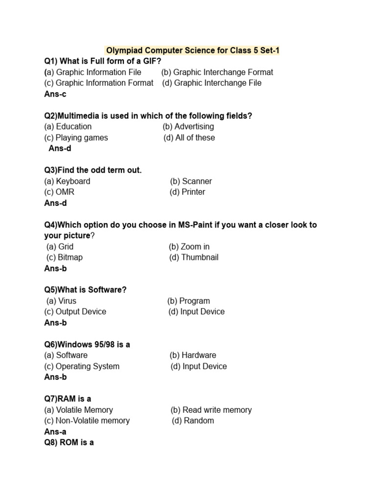 Class 5 Computer Science Quiz | PDF | Computer Data Storage | Computer ...