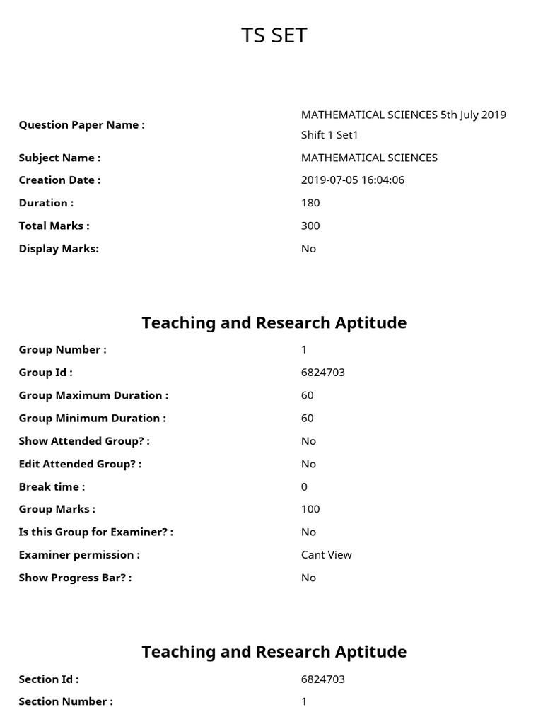 Mathematical Sciences TS SET 2019 | PDF | Multiple Choice ...