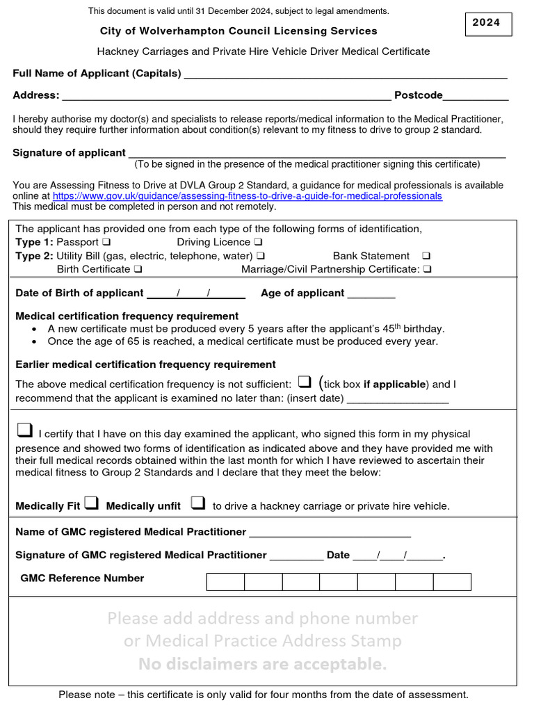 Hackney Carriage Driver Medical Certificate | PDF | Identity Document ...