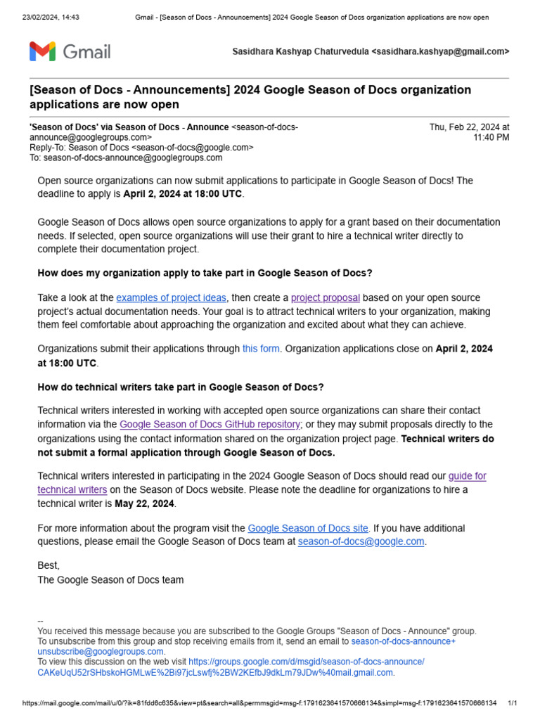 Gmail (Season of Docs Announcements) 2024 Google Season of Docs