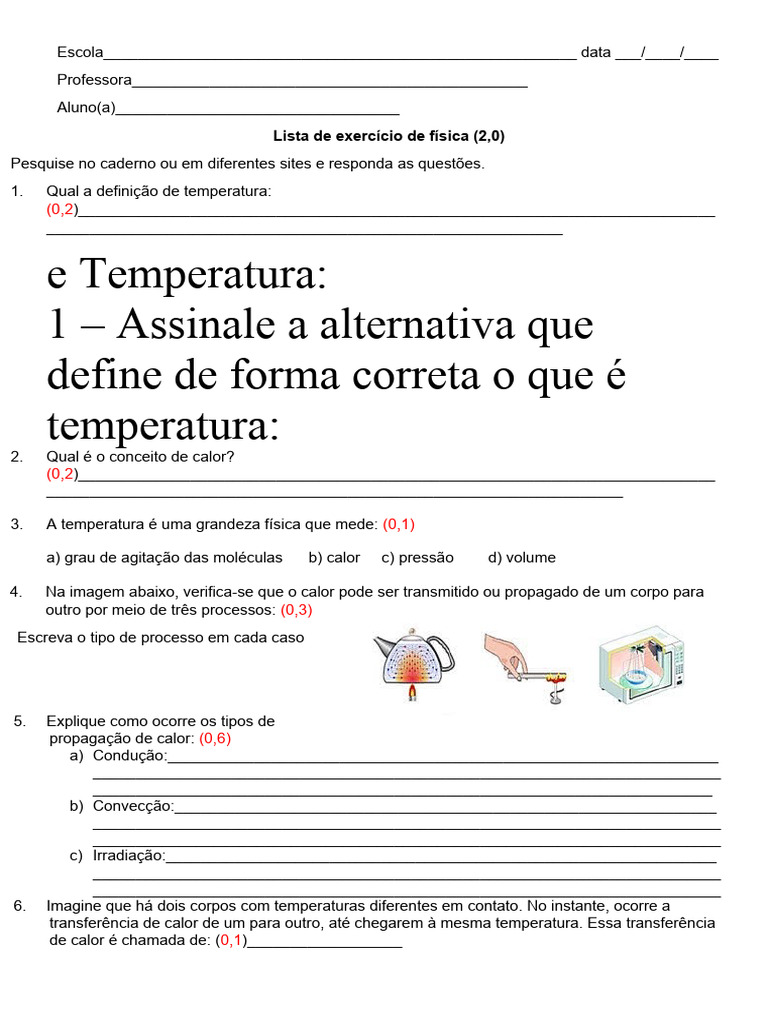 Exercícios de Física: Temperatura e Calor | PDF | Calor | Temperatura
