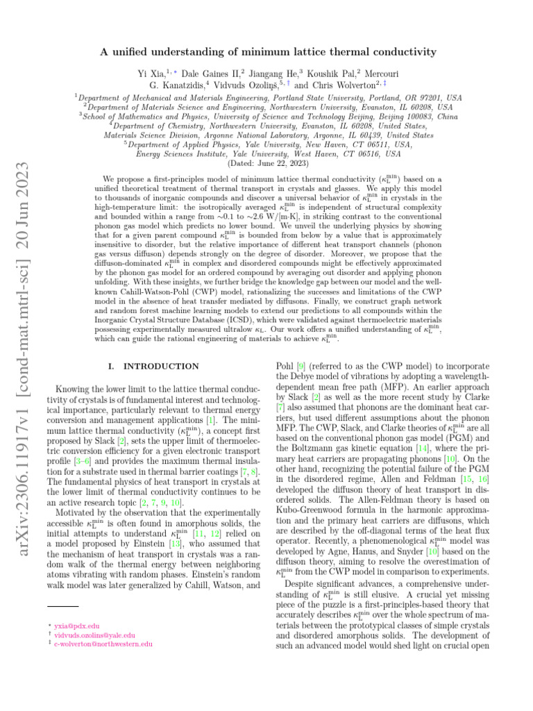 A Unified Understanding of Minimum Lattice Thermal Conductivity | PDF ...