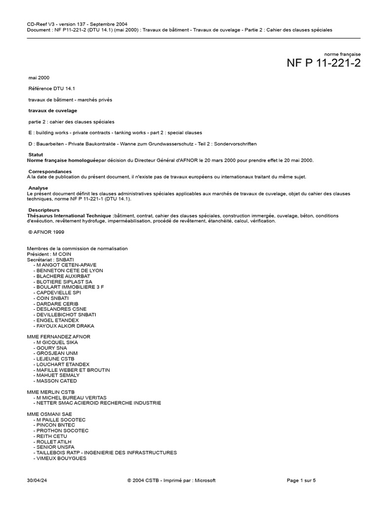 Clauses spéciales DTU 14.1 Cuvelage | PDF | Code de la construction et ...