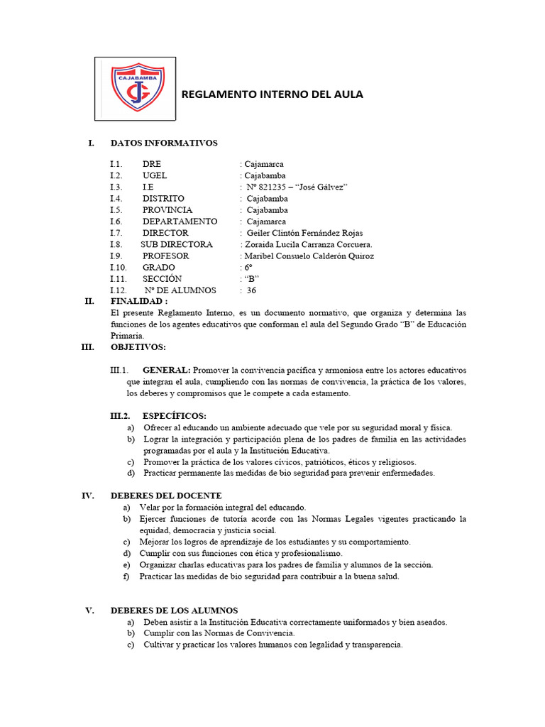 Reglamento Interno Del Aula | PDF | Salón de clases | Maestros