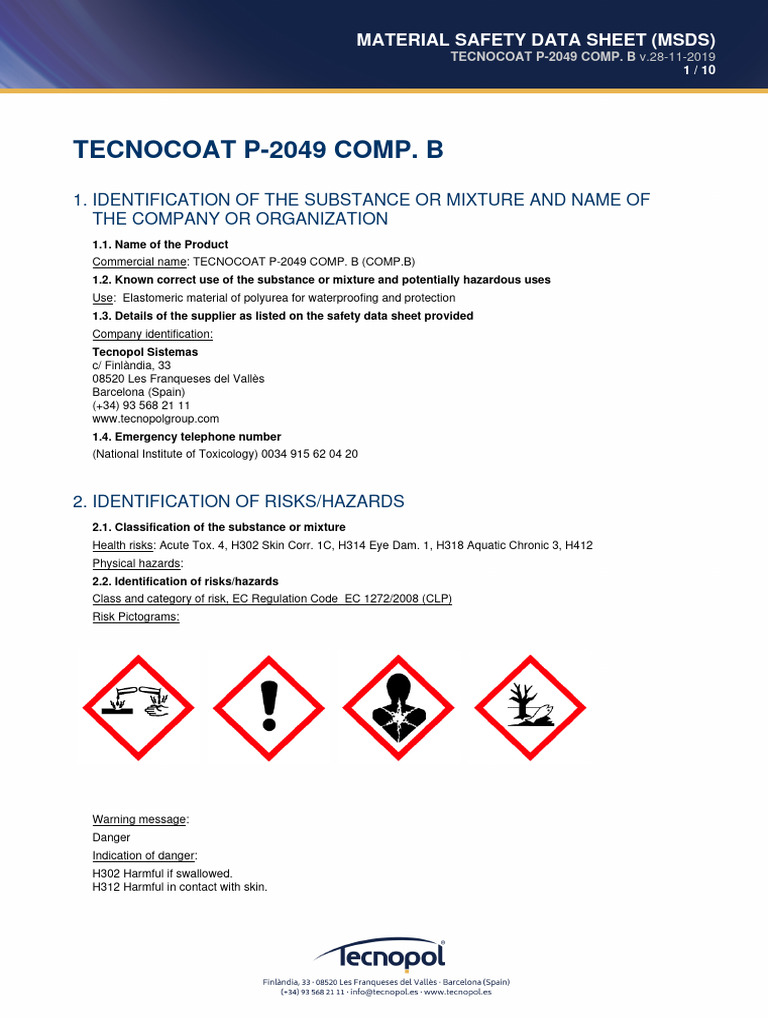 Tecnopol Tecnocoat P-2049 COMP. B MSDS - EN | PDF | Toxicity | Hazards