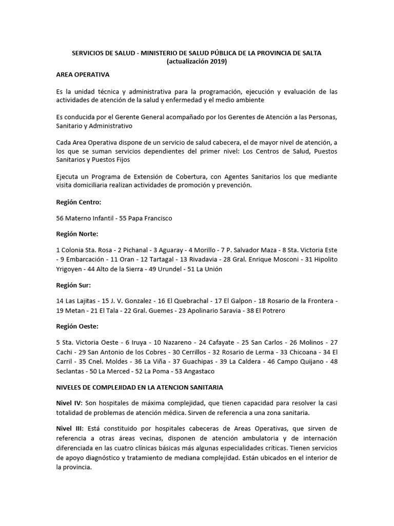 Servicios de Salud en Salta 2019 | PDF | Hospital | Cuidado de la salud