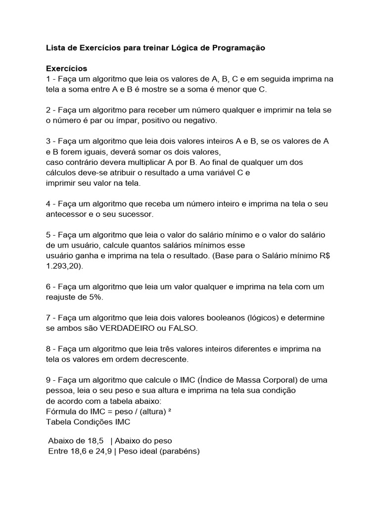 Lista de Exercícios para Treinar Lógica de Programação | Download ...