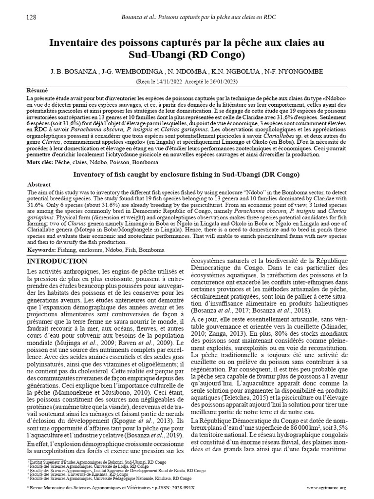 Inventaire des poissons en RDC par pêche aux claies | PDF | Aquaculture ...