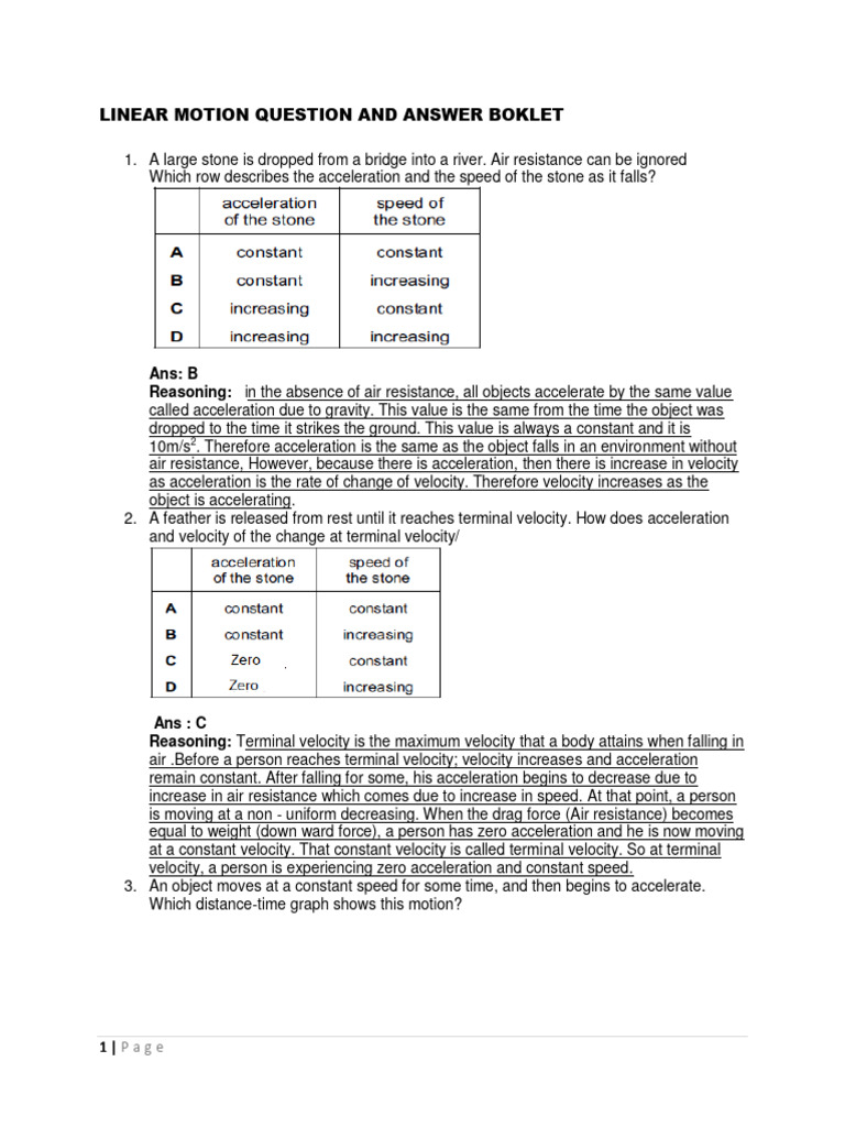 Linear Motion Q&A Guide | PDF | Acceleration | Force