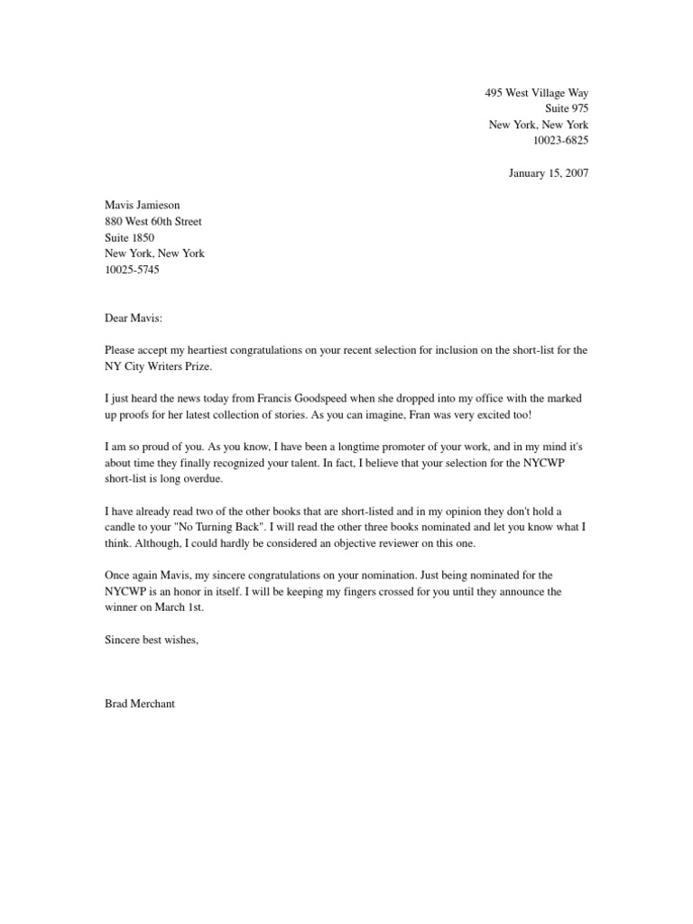 Letter of Congratulations - To a Friend or Colleague 