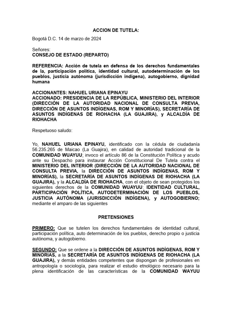 Acción de Tutela Comunidad Wuyuu | PDF | Autodeterminación | Caso de ley