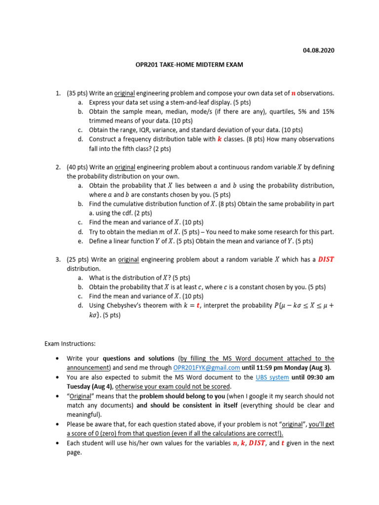 Engineering Midterm Exam Questions | PDF | Variance | Probability ...
