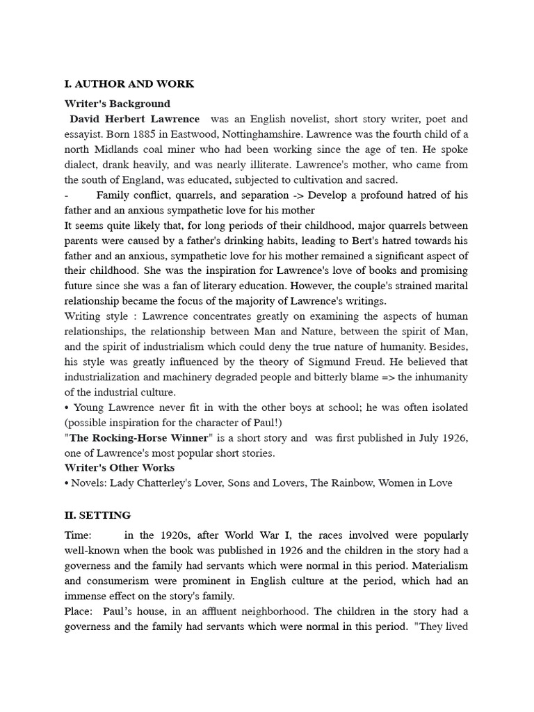 The Rocking Horse Winner Analysis PDF Oedipus Complex Greed