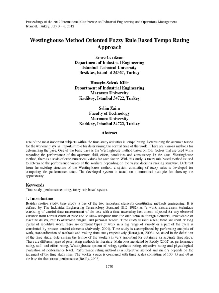 Westinghouse Method Oriented Fuzzy Rule Based Tempo Rating Approach ...