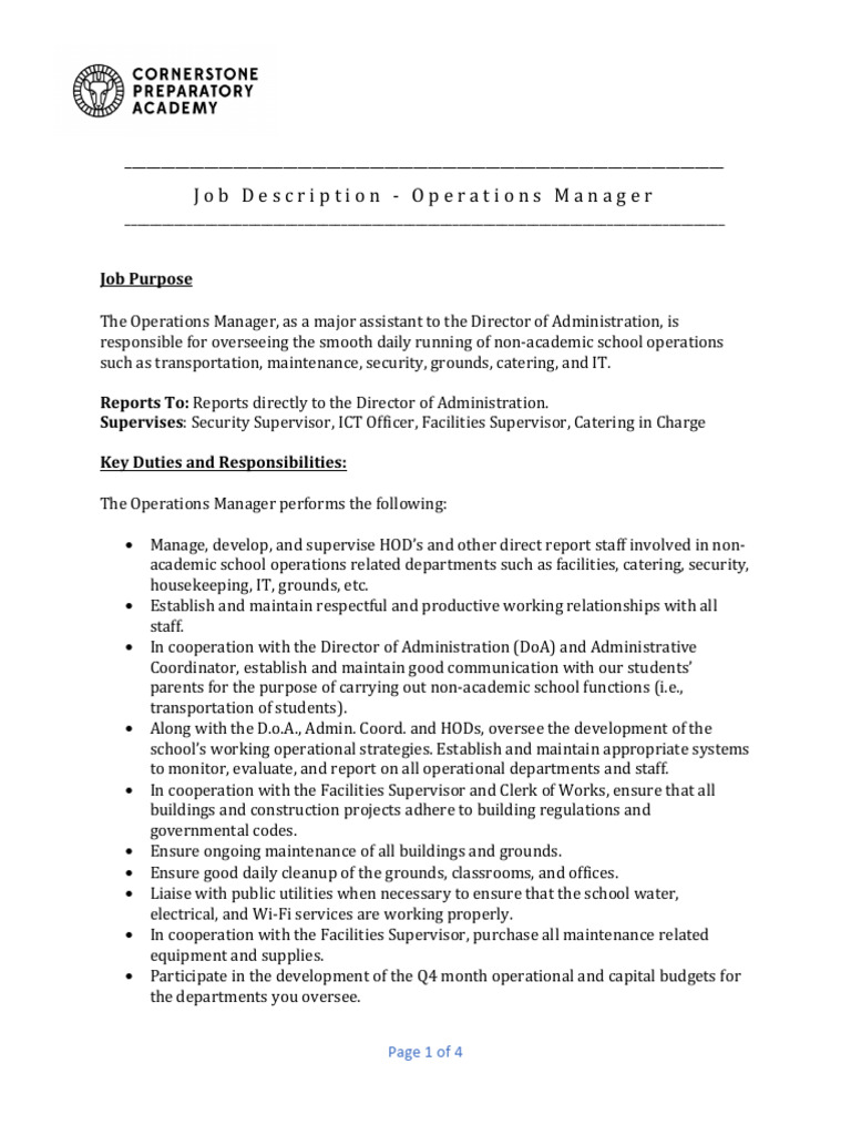 Operations Manager Job Description | PDF | Behavior | Goal