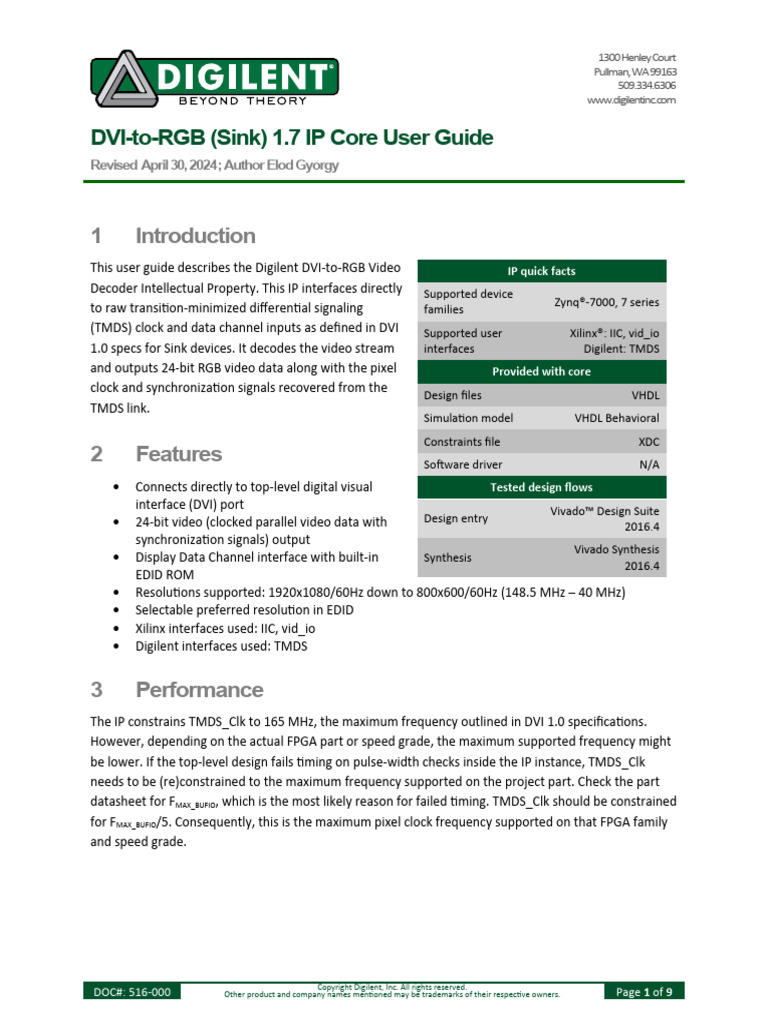 Dvi2rgb - v1 - 7 Digilent FPGA Core IP Reference | PDF | Field ...