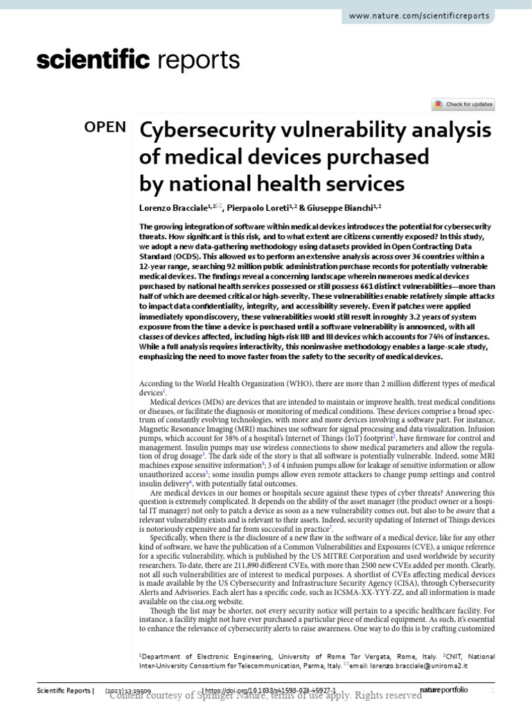 Cybersecurity Vulnerability Analysis of Medical de | PDF | Computer ...