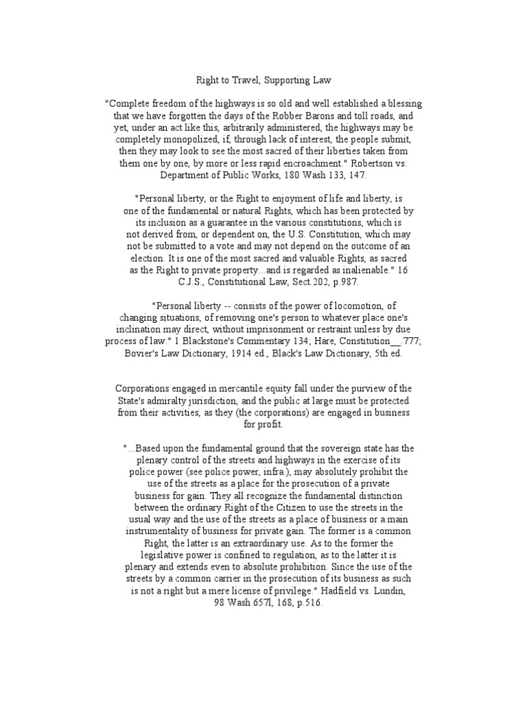 Right To Travel Supporting Law PDF Due Process Clause United