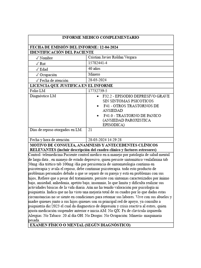 Informe Médico Complementario de Salud Mental | PDF | Depresión (estado ...