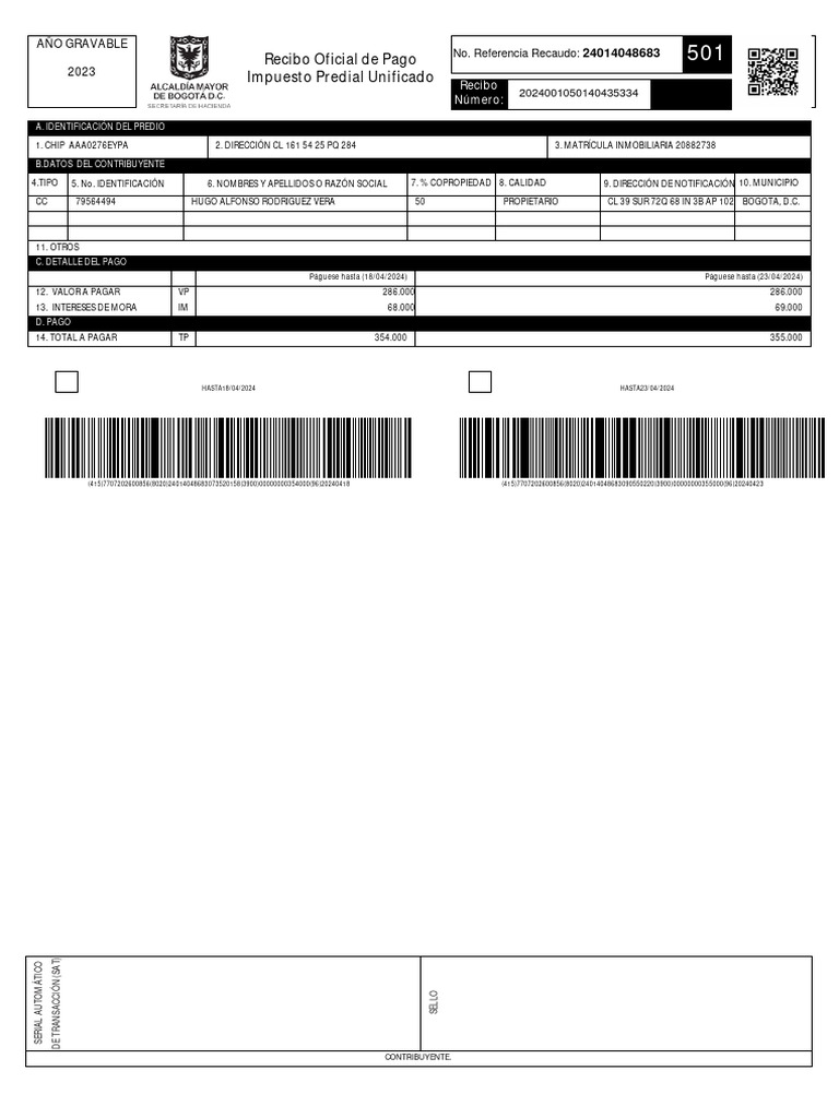 Recibo Oficial de Pago Impuesto Predial Unificado: Año Gravable 2023 | PDF