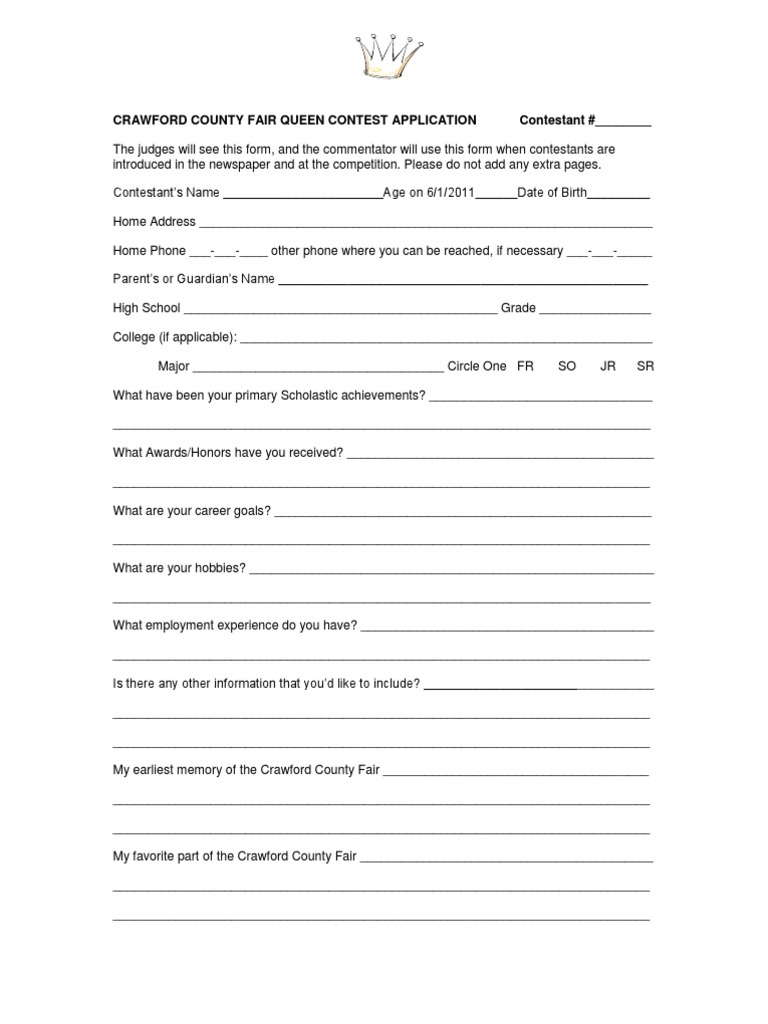 Crawford County Fair Queen Application | PDF | Sports & Recreation