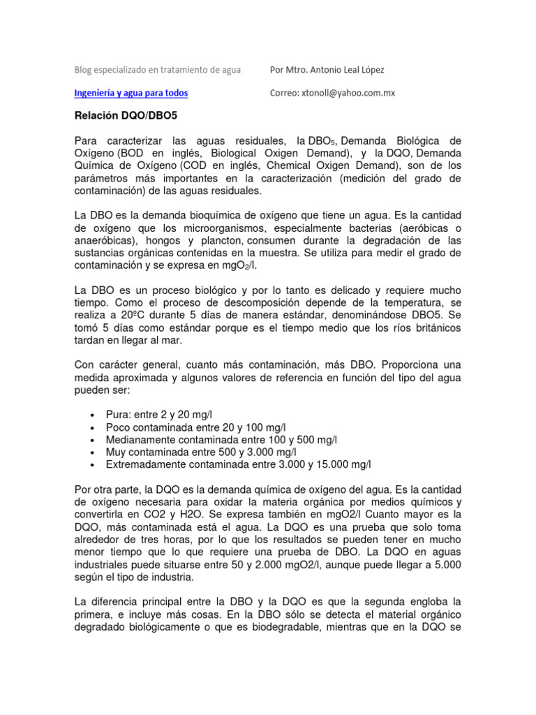 Relación DBO5 y DQO en Aguas Residuales | PDF | Aguas residuales | Agua