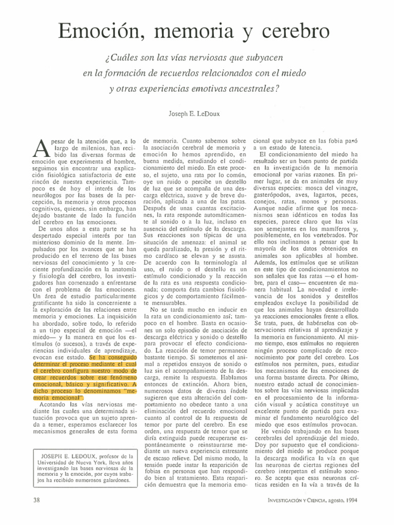 Memoria emocional y miedo en el cerebro | PDF | Las emociones | Temor