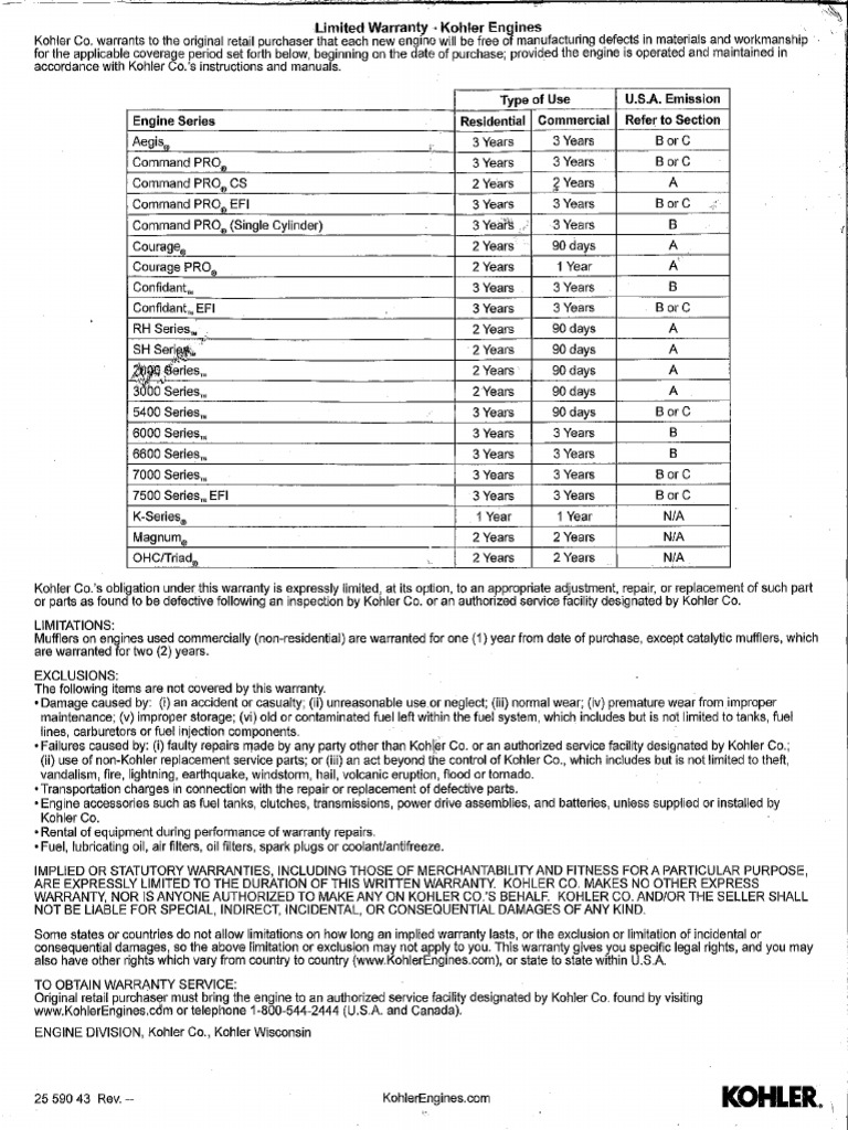 Limited Warranty Kohler Engines PDF
