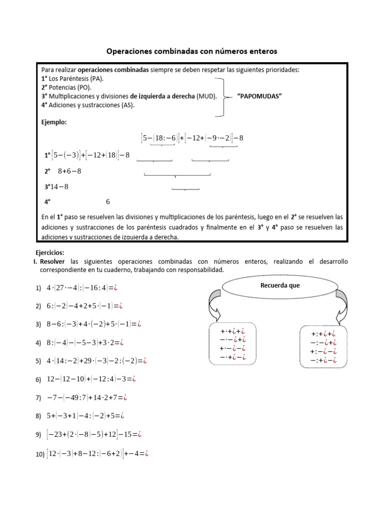 Guia de Operaciones Combinadas Con Enteros 8° | PDF | Entero