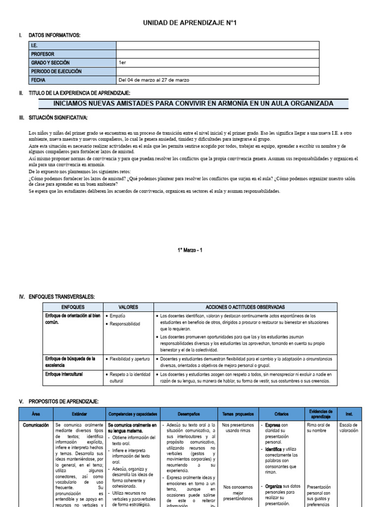1° Grado - Unidad de Aprendizaje N°01 | PDF | Geometría | Aprendizaje