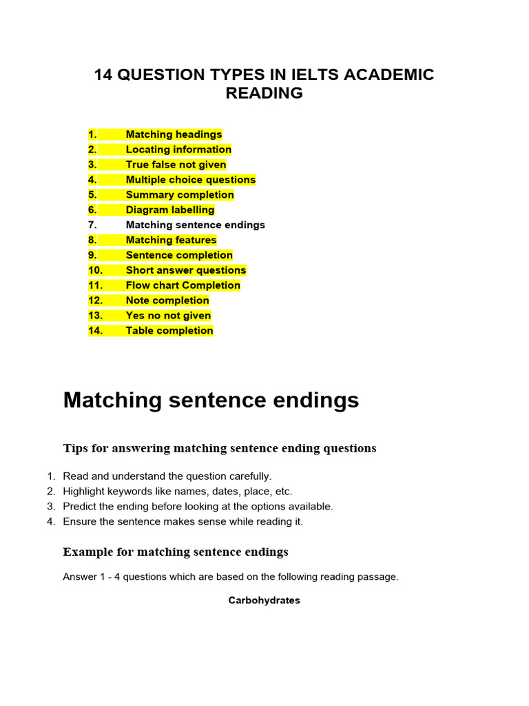 IELTS Reading: Matching Sentence Endings | PDF | Carbohydrates ...