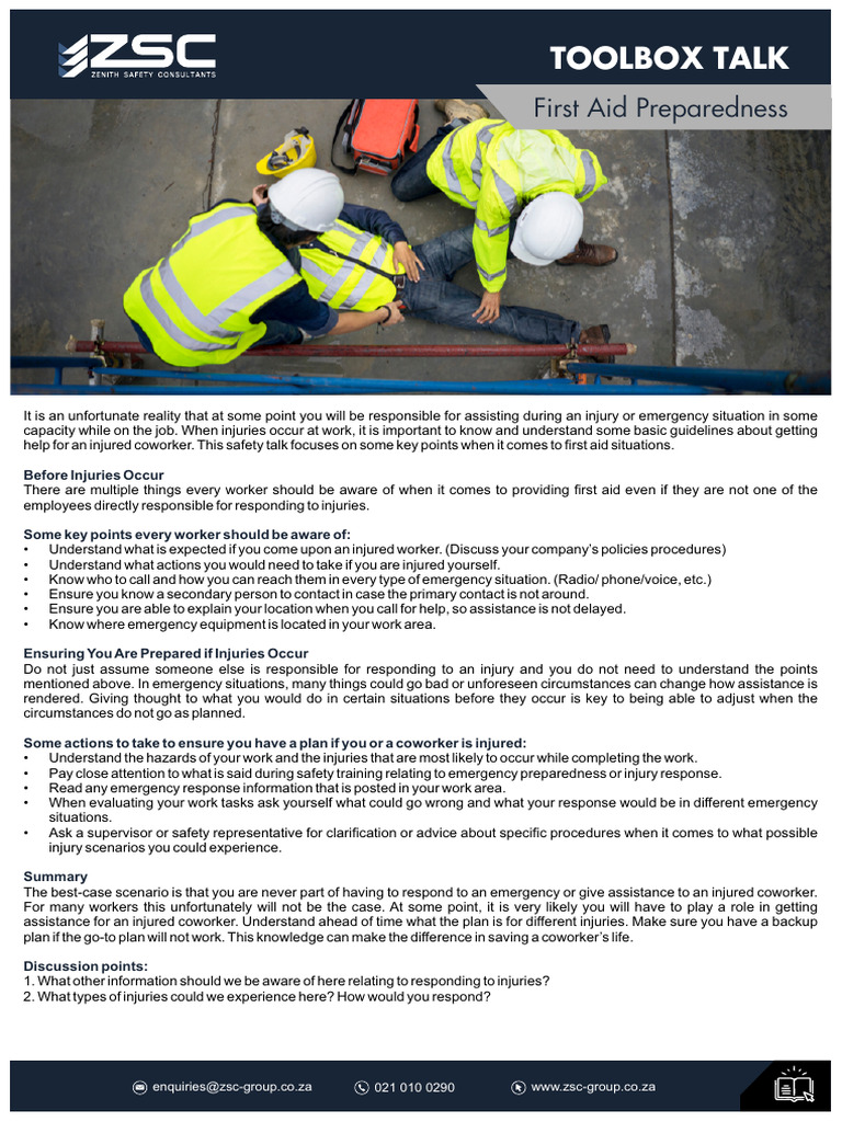 Firstaid Preparedness Zenith Safety Toolbox Talks PDF Emergency