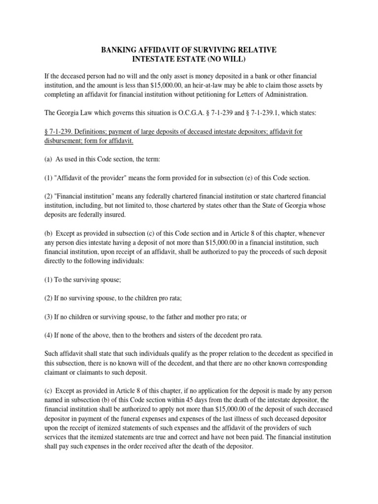 Banking Affidavit of Surviving Relative Intestate Estate (No Will