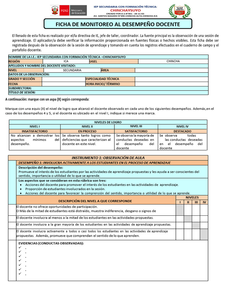 Ficha de Monitoreo Al Desempeño Docente - 2024 | Descargar gratis PDF ...