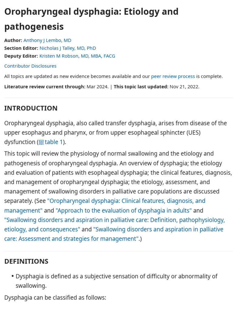 Oropharyngeal Dysphagia, Etiology and Pathogenesis | PDF | Esophagus ...