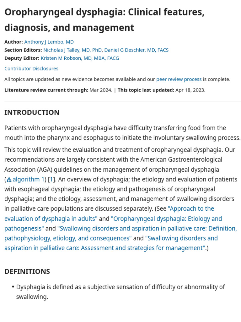 Oropharyngeal Dysphagia, Clinical Features, Diagnosis | PDF | Medicine ...