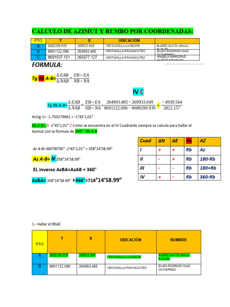 Examen Calculo de Azimut y Rumbo Por Coordenadas | PDF | Trigonometría ...